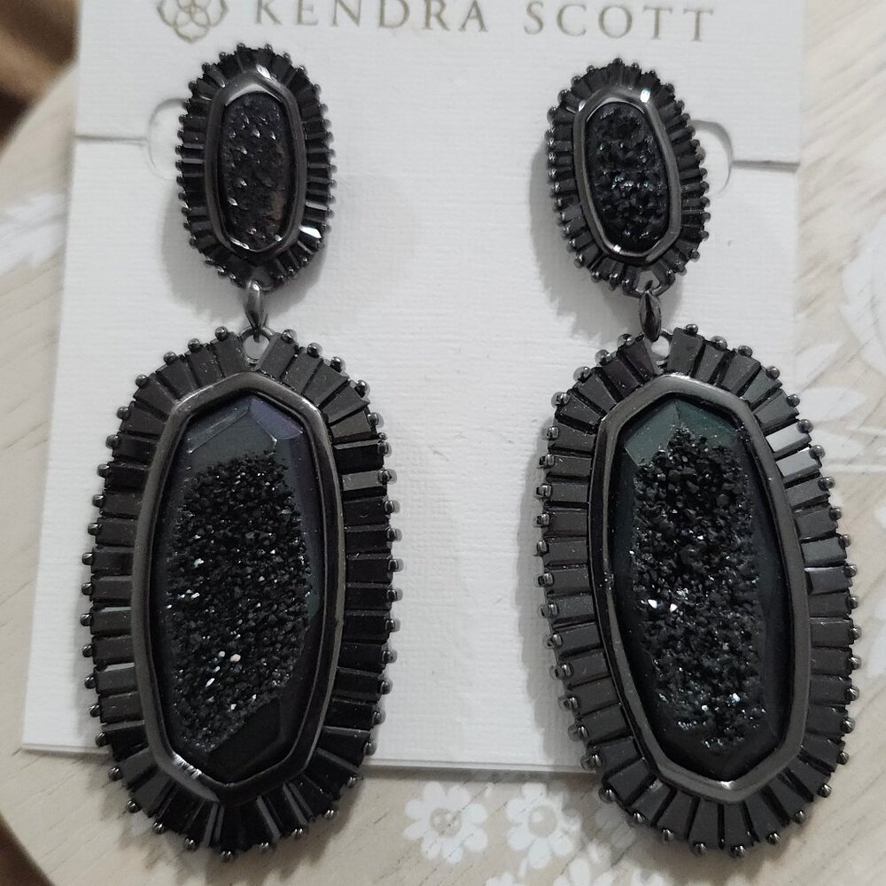 Kendra Scott Black Drusy Luxe Kaki Gunmetal Black Drop Earrings
